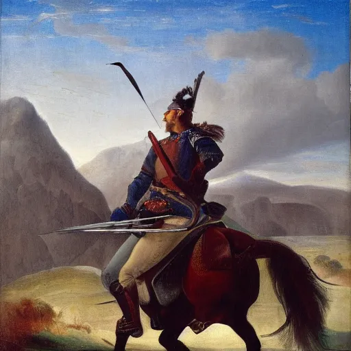 Image similar to portrait oil on canvas of a man mounted on horseback while raising a sword with his right hand pointing north, behind him in the vast distance 1 0 0 warriors can be seen fighting with swords and muskets, light, cloudy, mountains in the background,