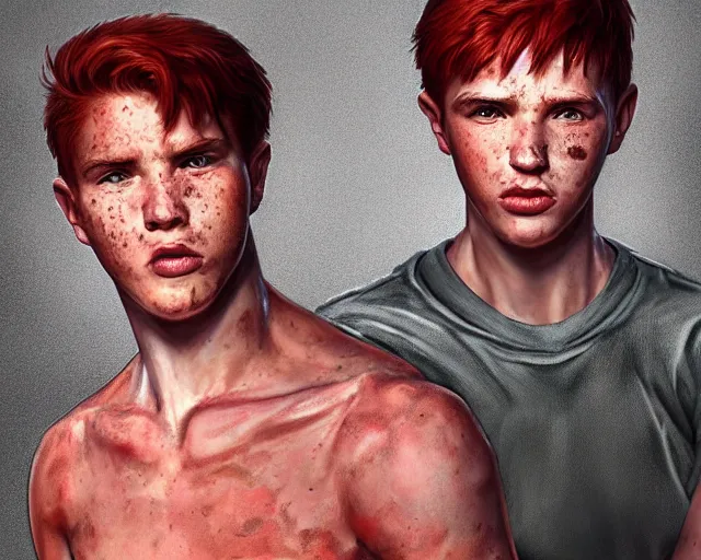 Image similar to portrait stocky of 1 9 - year - old male twins with red hair and freckles, two male, wearing shirts,, hyper realistic face, beautiful eyes, character art, art by mark brooks, hyperdetailed, cryengine, trending on artstation, digital art