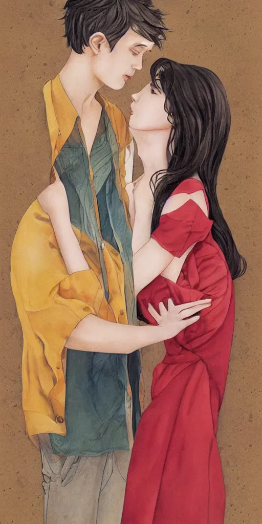 Image similar to greeting card, love, 2 people, by tran nguyen, warm colors, cozy