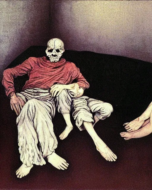 Image similar to an old dead couple sitting on a couch in an old soviet apartment,  Francisco Goya painting, part by Beksiński and Gerhard Richter. art by Takato Yamamoto, Francis Bacon masterpiece