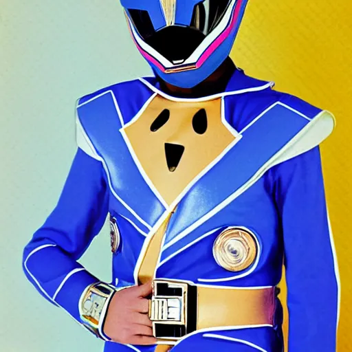 Prompt: a photograph of a power Ranger wearing a dolphin themed blue and white suit, 80s aesthetic