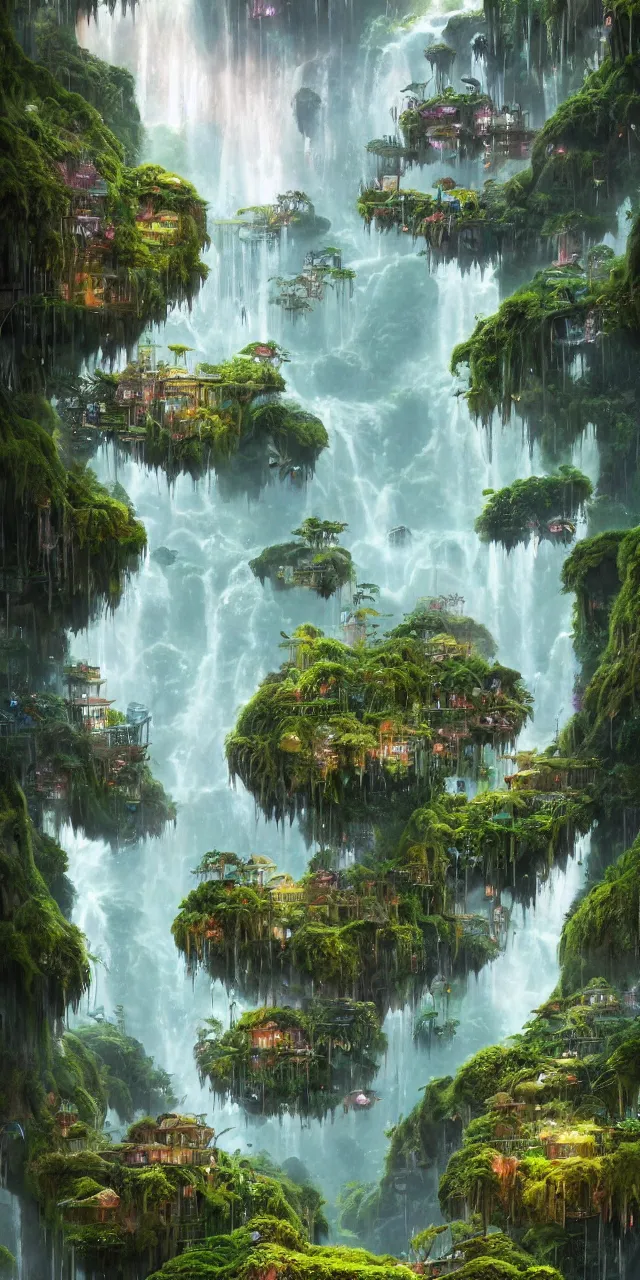 Prompt: a beautiful concept art of floating city with full of crowded people and infrastructure overgrown moss with waterfall on the floating island, made of tree and fantasy valley, by alejandro burdisio and laurie greasley, avatar pandora forest, alejandro burdisio art, tyler edlin fantasy art, bioluminescence, trending on artstation