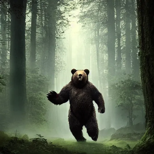 Prompt: a large bear-shaped lovecraftian monster running quickly through a woodland, magical forest, fantasy, Ireland, England, king Arthur, Lord of the rings, cinematic, realistic style, beautiful, majestic, dramatic lighting, early morning, dawn CGsociety, realistic, hyper maximalist, golden ratio, octane render, rule of thirds, wide shot , 8k resolution, epic volumetric light, cinematography, concept art, Artstation trending, environments, fantasy