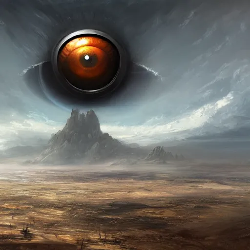 Prompt: a giant metal eye peering over the horizon of a barren landscape by Marek Okon, god rays, fantasy art, 4k, HDR, photorealistic, 8k, trending on artstation