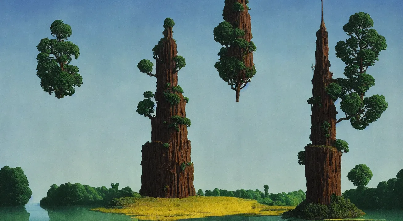 Prompt: single flooded simple giant tree tower!, very coherent and colorful high contrast!! masterpiece by rene magritte simon stalenhag carl spitzweg syd mead norman rockwell edward hopper james gilleard, minimalist, dark shadows, sunny day, hard lighting