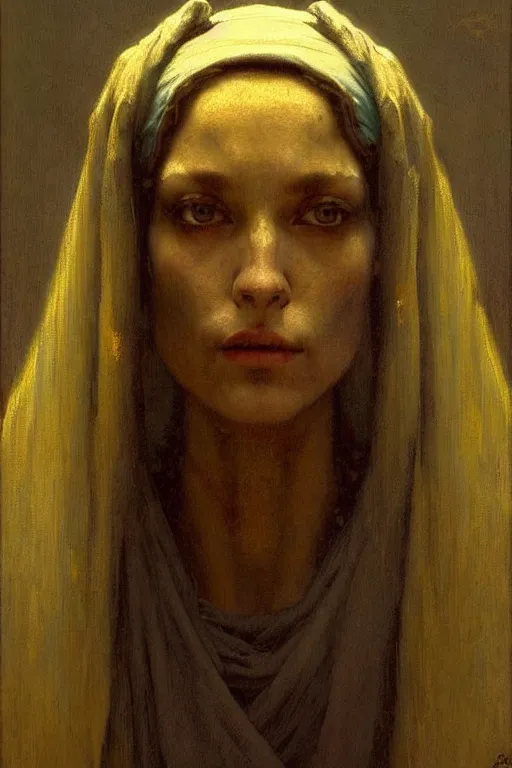 Image similar to full character portrait system shock character not the girl with the pearl earring character design, painting by gaston bussiere, katsuya terada, nc wyeth, greg rutkowski, craig mullins, vermeer, frank frazetta, mucha, tom of finland, trending on artstation, jeffery catherine jones