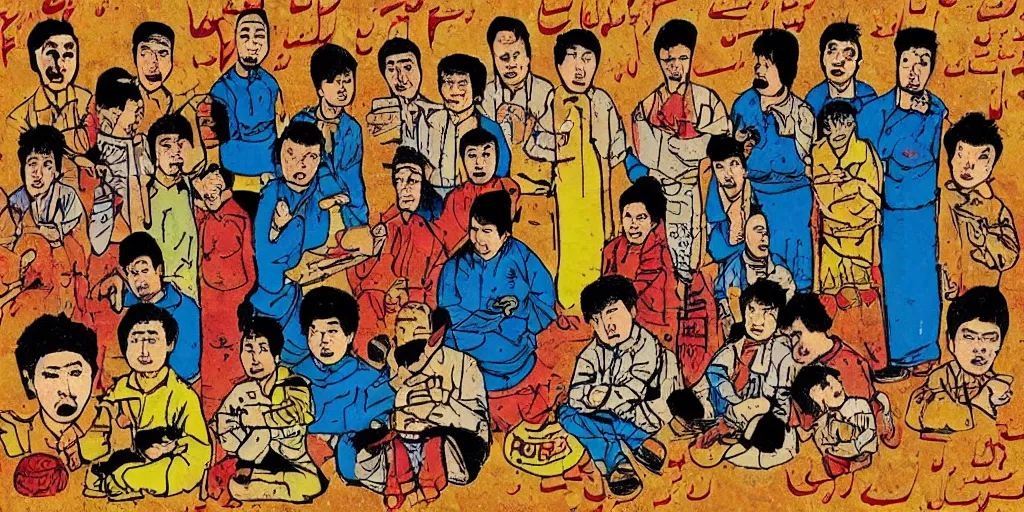 Image similar to uyghur men in a prison, in the style of daniel johnston and outsider art, 4k, overlaid with chinese text