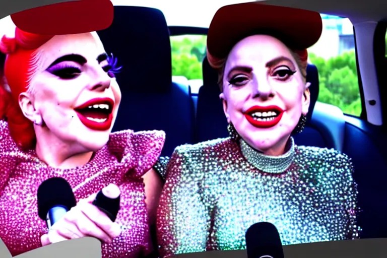 Image similar to lady gaga and judy garland doing carpool karaoke, lady gaga and judy garland, carpool karaoke, lady gaga, judy garland, carpool karaoke, youtube video screenshot, the late late show with james corden