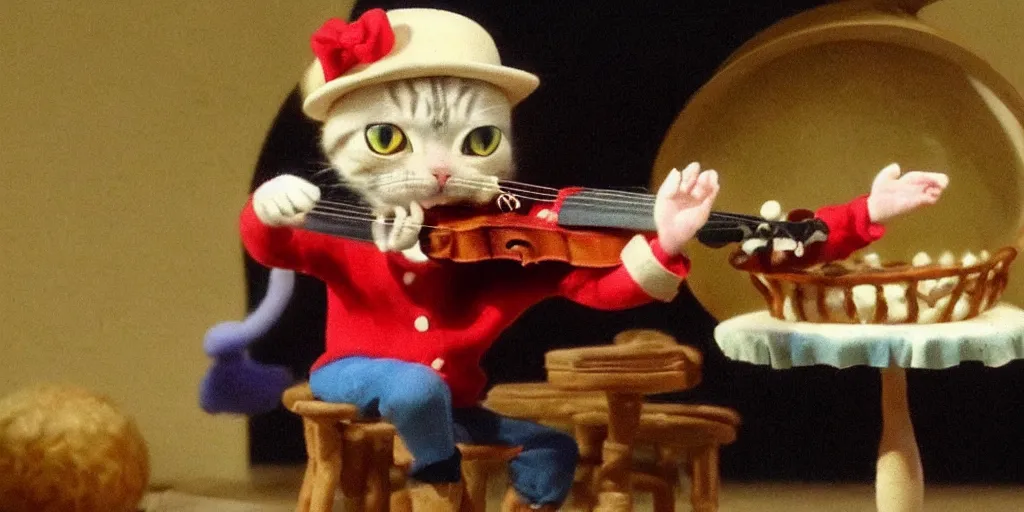 Prompt: a cat playing the fiddle and dancing on top of a round ball made of Swiss cheese, in the style of claymation