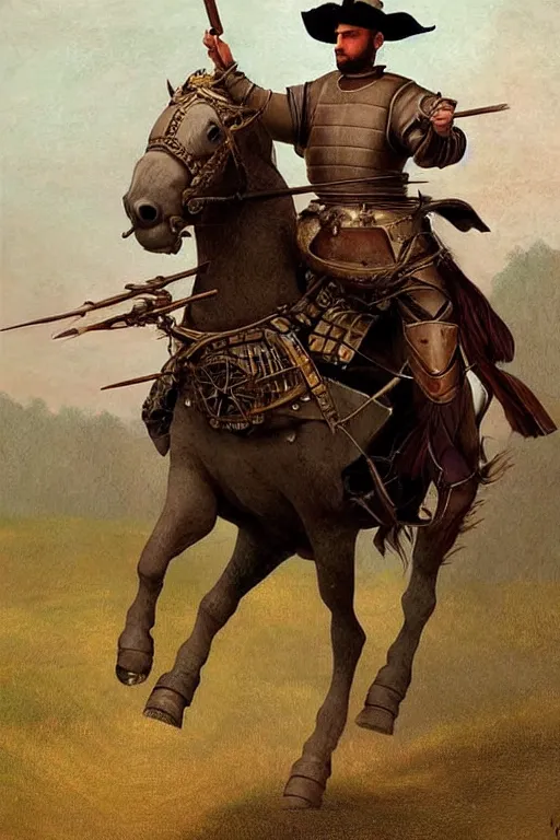 Image similar to ( ( ( ( ( ( ( a knight riding a horse with wagon wheels ) ) ) ) ) ) ) by chris mcgrath and greg rutowski and wlop!!!!!!!!!!!!!! muted colors, detailed
