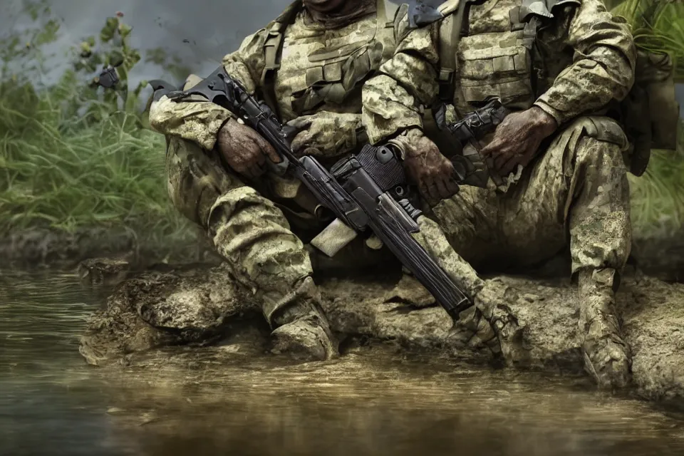 Prompt: muscular frog soldier holding a gun going to war in a swamp, 4k photography