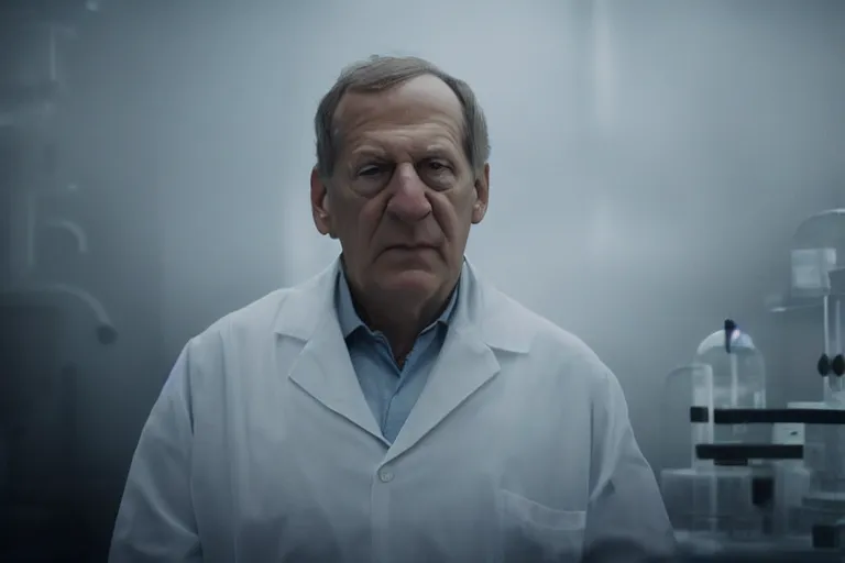 Prompt: an ultra realistic cinematic headshot portrait of an evil scientist, stood in a lab, foggy, detailed, deep focus, movie still, dramatic lighting, by werner herzog