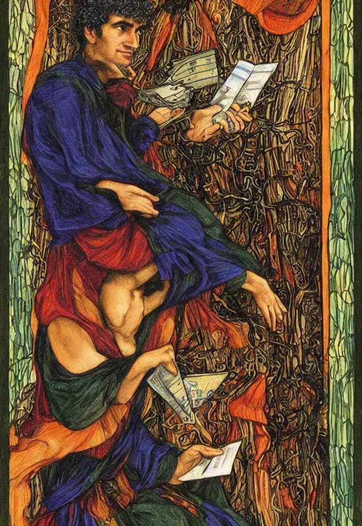 Prompt: Yoshua Bengio on the Tarot card. Illustration by preraphaelists