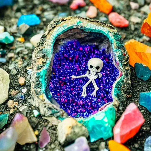 Prompt: tiny dinosaur skeleton inside a geode of multi-colored crystals