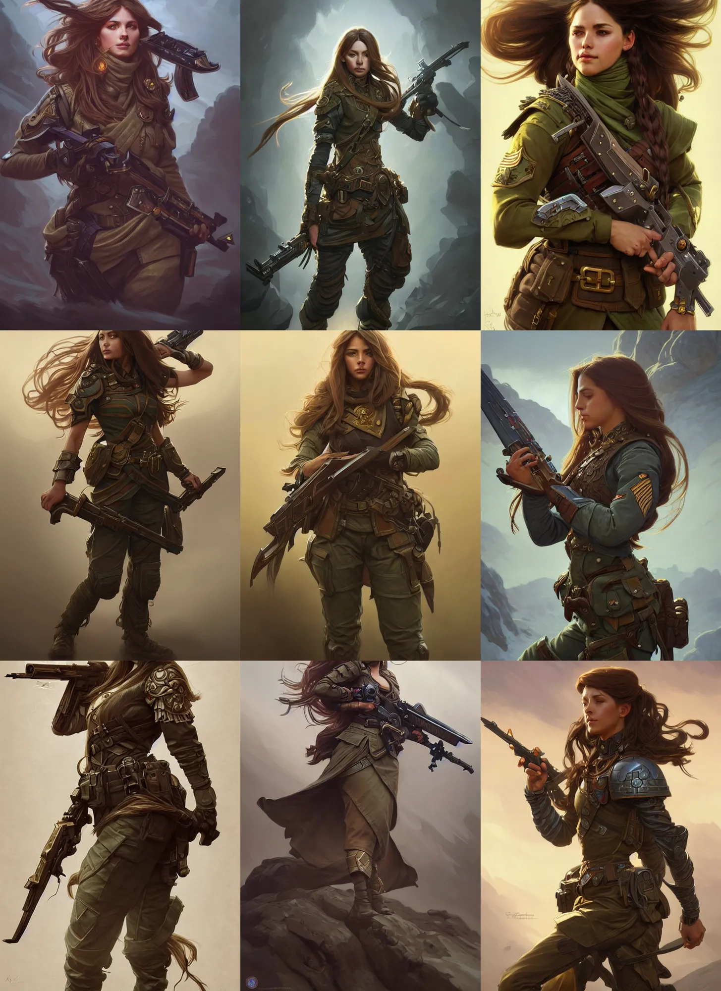 Prompt: full body photograph of female soldier with extremely long hair, deep focus, intricate, elegant, highly detailed, digital painting, artstation, concept art, matte, sharp focus, illustration, d & d, fantasy, hearthstone, art by artgerm and greg rutkowski and alphonse mucha