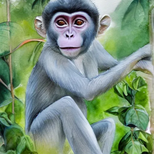 Image similar to delicate, king monkey on the throne, garden, paved, botanic watercolors, iridescent, 8 k, realistic shaded, fine details, artstation, italian, iron gate, tree, mediterranean, marvelous