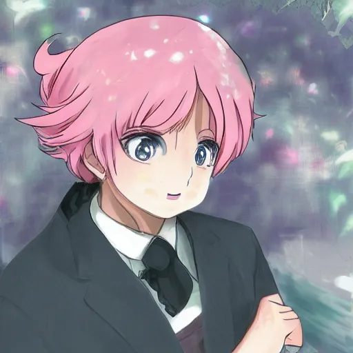 Image similar to Karl Marx as anime girl, wearing dress, cute smile, dancing, art by makoto shinkai, anime art, trending on artstation, pink hair