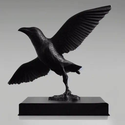 Image similar to a black marble highly detailed and realistic statue of a flying crow, museum lighting, award winning, masterpiece