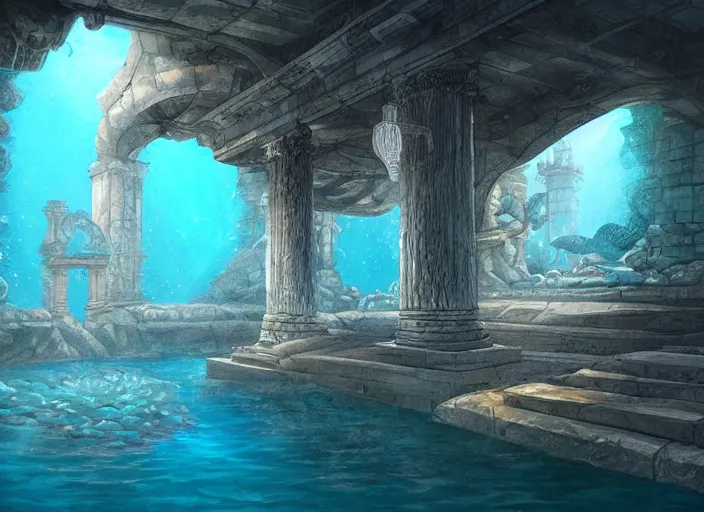 Prompt: underwater temple, water, ocean, sea, fish, palladian, illustration, concept art, digital art, colorful, light blue