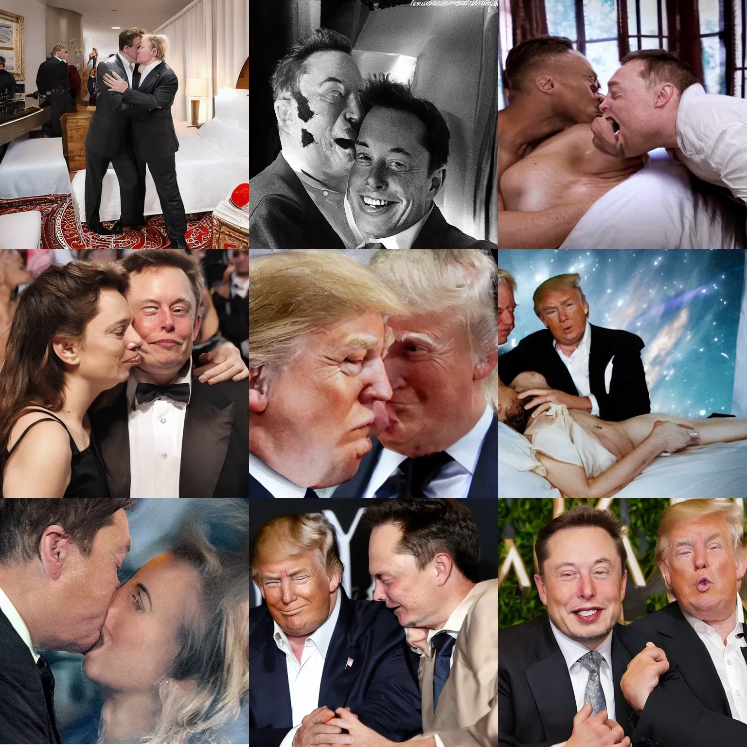 Prompt: trump and elon musk having romantic hot kiss in bed