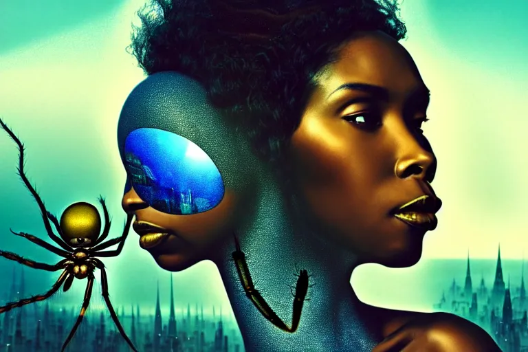 Image similar to realistic detailed photorealistic film portrait shot of a beautiful black woman with a giant spider, sci - fi city landscape background by denis villeneuve, amano, yves tanguy, alphonse mucha, ernst haeckel, andrei tarkovsky, edward robert hughes, roger dean, necklace, dynamic pose, rich moody colours, wide angle, blue eyes