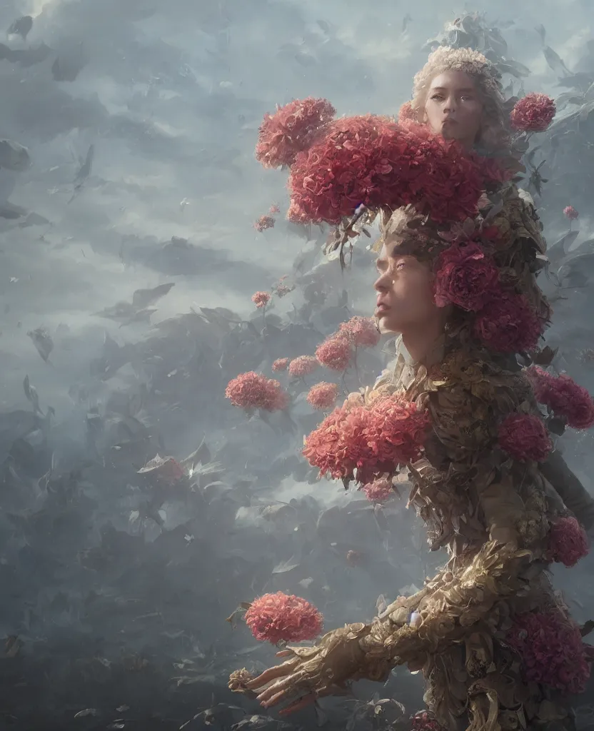 Image similar to a fancy portrait of a giant floating flower by Greg Rutkowski, Sung Choi, Mitchell Mohrhauser, Maciej Kuciara, Johnson Ting, Maxim Verehin, Peter Konig, Bloodborne , 8k photorealistic, cinematic lighting, HD, high details, atmospheric , trending on artstation