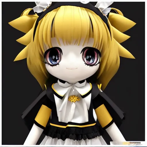 Prompt: cute fumo plush of a gothic maiden in a black and gold uniform, laces and ribbons, soft shadow, anime girl, vray, symmetry, white frame