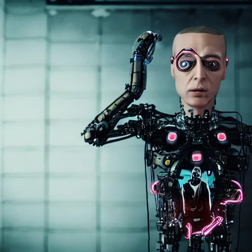 Image similar to a cinematic film still of rapper lil skies as a cybernetic cyborg, cgi, surrealism, film photography