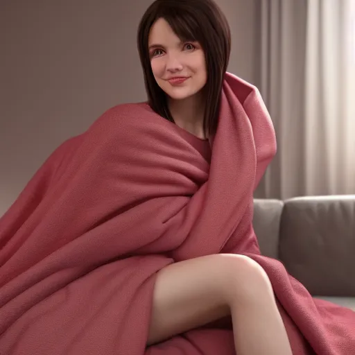 Image similar to 3 d render of a cute thin young woman, red blush, wearing casual clothes, small smile, relaxing on a couch, cuddling up under a blanket, cozy living room, medium shot, 8 k, octane render, trending on artstation, art by artgerm, unreal engine 5, hyperrealism, hyperdetailed, ultra realistic