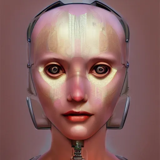 Prompt: Portrait of a female robot, art deco design, by Mandy Jurgens and Warhol, Ernst Haeckel, James Jean, artstation, concept art,