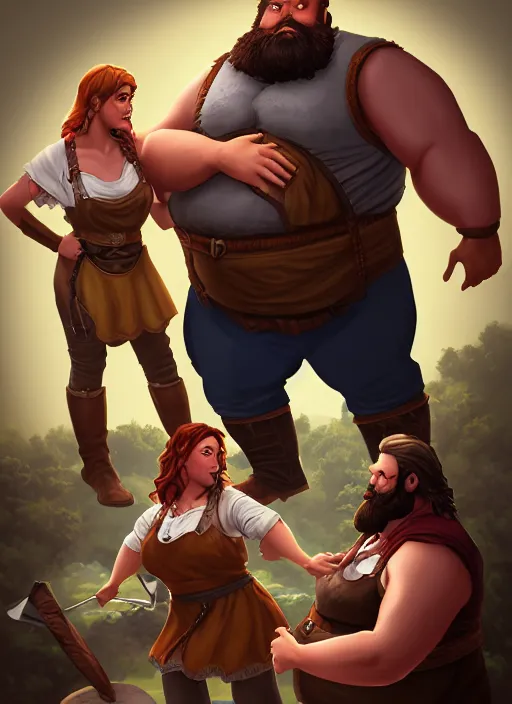 Image similar to an epic fantasy comic book style portrait painting of a hearty man with a big belly and thick beard and large woman who are a couple in a tavern with them both wearing aprons, unreal 5, daz, hyperrealistic, octane render, cosplay, rpg portrait, dynamic lighting