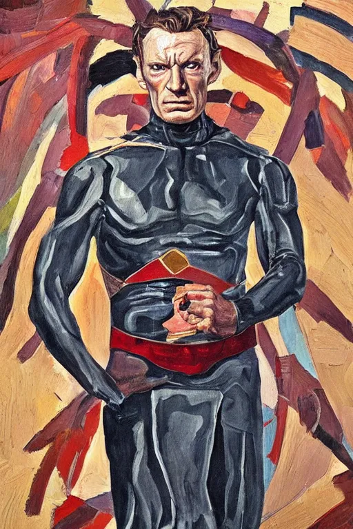 Image similar to Magneto fully costumed from the X-Men oil painting by Lucian Freud