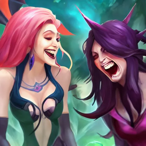 Image similar to league of legends, best friends, kai'sa and xayah, laughing