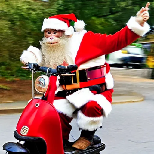 Prompt: A monkey riding a scooter being chased by Santa Claus