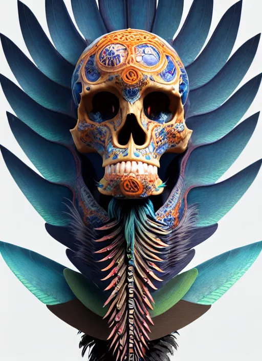 Image similar to 3 d shaman with tattoos profile portrait, sigma 5 0 0 mm f / 5. beautiful intricate highly detailed quetzalcoatl skull and feathers. bioluminescent, plasma, lava, ice, water, wind, creature, thunderstorm! artwork by tooth wu and wlop and beeple and greg rutkowski, 8 k trending on artstation,