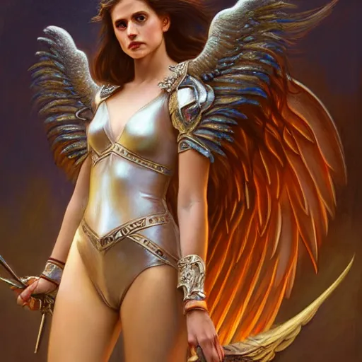 Image similar to portrait of young aasimar angel girl maiden wearing comfy leather armor with beautiful feathered angel wings, brown eyes, Alexandra Daddario, Blizzard, Diablo, by artgerm and greg rutkowski and alphonse mucha and andrei riabovitchev, 4k oil on linen, vivid colors, colorful, high dynamic range, HDR, intricate, elegant, highly detailed, digital painting, artstation, concept art, smooth, sharp focus, illustration