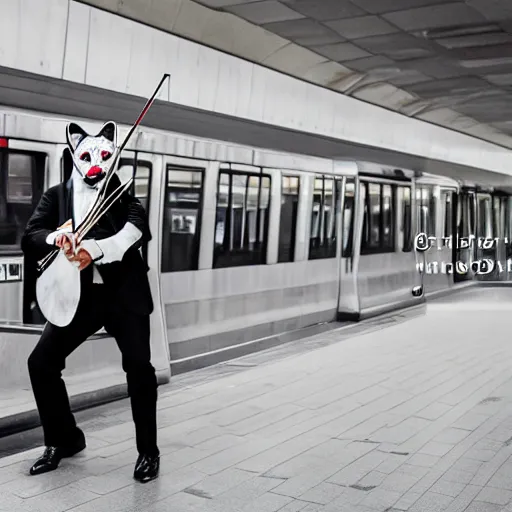 Image similar to a man in a tux wearing a white wolf mask playing the violin at a dirty metro station, unnerving, 4k photography, highly detailed, long shot.