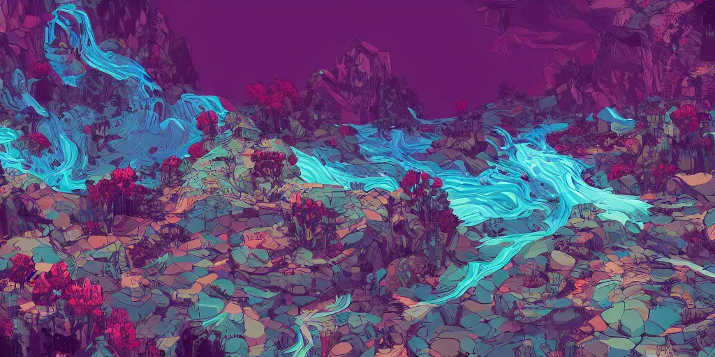 Prompt: generative digital art examples in the style of a video game illustration vivid color borderlands and by feng zhu and loish and laurie greasley, victo ngai, andreas rocha, john harris