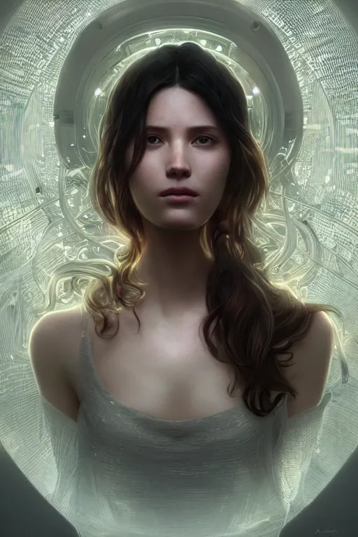 Image similar to beautiful and enigmatic ai held captive in a remote research facility. vulnerability and innocence, ultra realistic, sharp details, subsurface scattering, intricate details, warm lighting, beautiful features, highly detailed, photorealistic, octane render, 8 k, unreal engine, art by artgerm and greg rutkowski and alphonse mucha