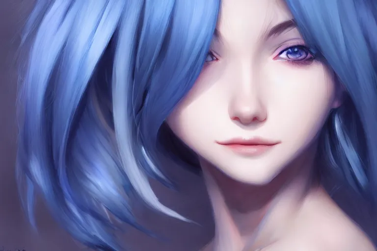 Image similar to Beautiful girl, blue hair, symmetrically, smiling, pixiv, artist WLOP artstation, artist Mam BA artstation, real photo, very detailed, realistic proportions, knowledge of anatomy, anatomy for beginners, true proportions of the face