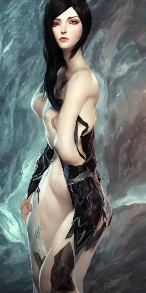 Image similar to tall woman with black hair and pale skin, from league of legends, as human, au naturel, hyper detailed, digital art, trending in artstation, cinematic lighting, studio quality, smooth render, unreal engine 5 rendered, octane rendered, art style by klimt and nixeu and ian sprigger and wlop and krenz cushart!