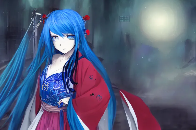 Image similar to blue haired handsome woman posing in dark, anime, pixiv id 8 4 8 3 6 9 2, genshin impact, eula, wallpaper anime girl, hanfu