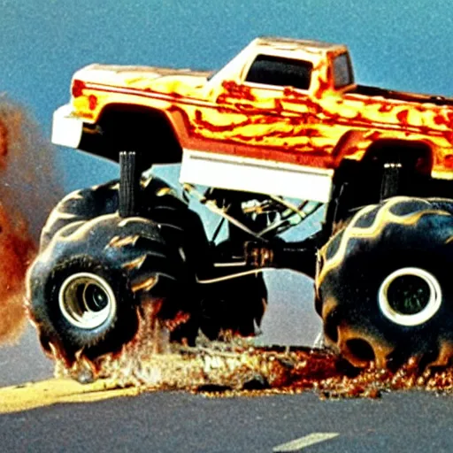 Image similar to monster truck melting and dripping, VHS, 80's movie