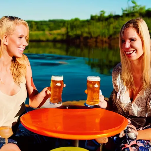 Prompt: two beautiful blonde women drinking beer while sitting at a table in the middle of a river of molten lava