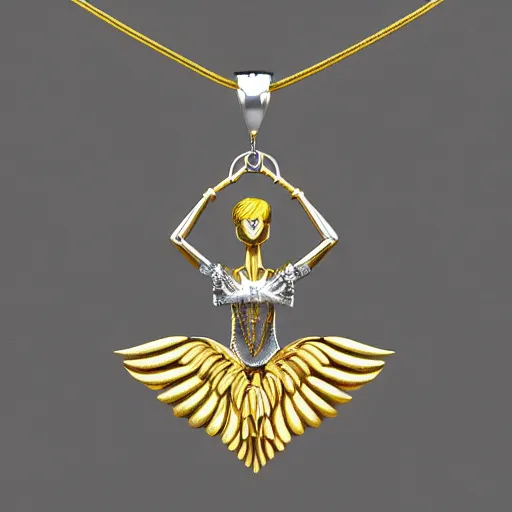 Prompt: 3 d silver and gold 2 tone necklace, on box chain, pendant is androgynous anatomical angel with 6 wings covered in eyes in a flying pose with 5 fingered hands on each side in a pose, casted in both silver and gold, high quality render, jewelry photography, octane render, studio lighting, ray traced