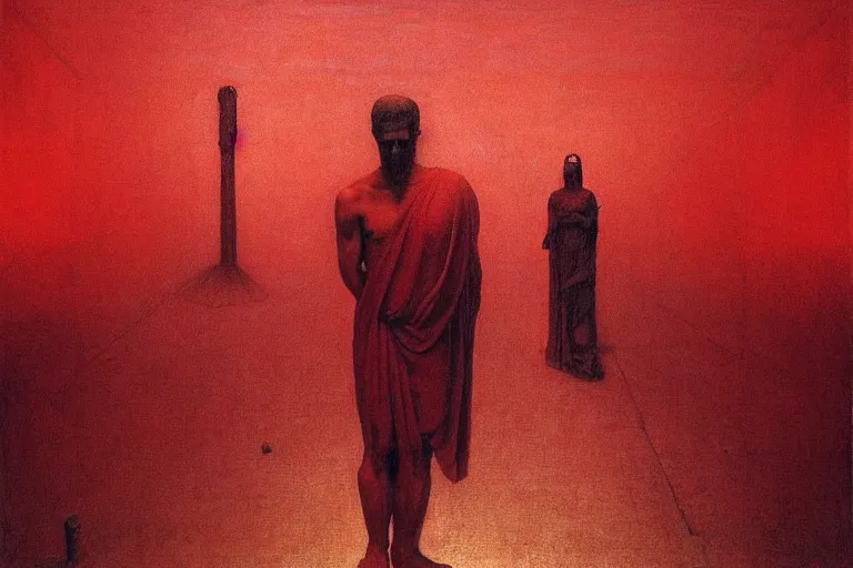 Image similar to only with red, caesar after war, the great deal, a red tiger, in hoc signo vinces, rome in background, an ancient path, in the style of beksinski, part by hopper, part by rodcenko, part by hofbauer, intricate composition, red by caravaggio, insanely quality, highly detailed, masterpiece, red light, artstation