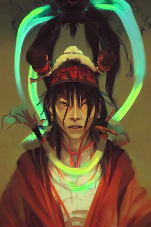 Prompt: Portrait of yokai shaman king, japan, in neon forest, digital art from artstation by Ruan Jia and Mandy Jurgens and Artgerm and Andreas Rocha and Greg Rutkowski