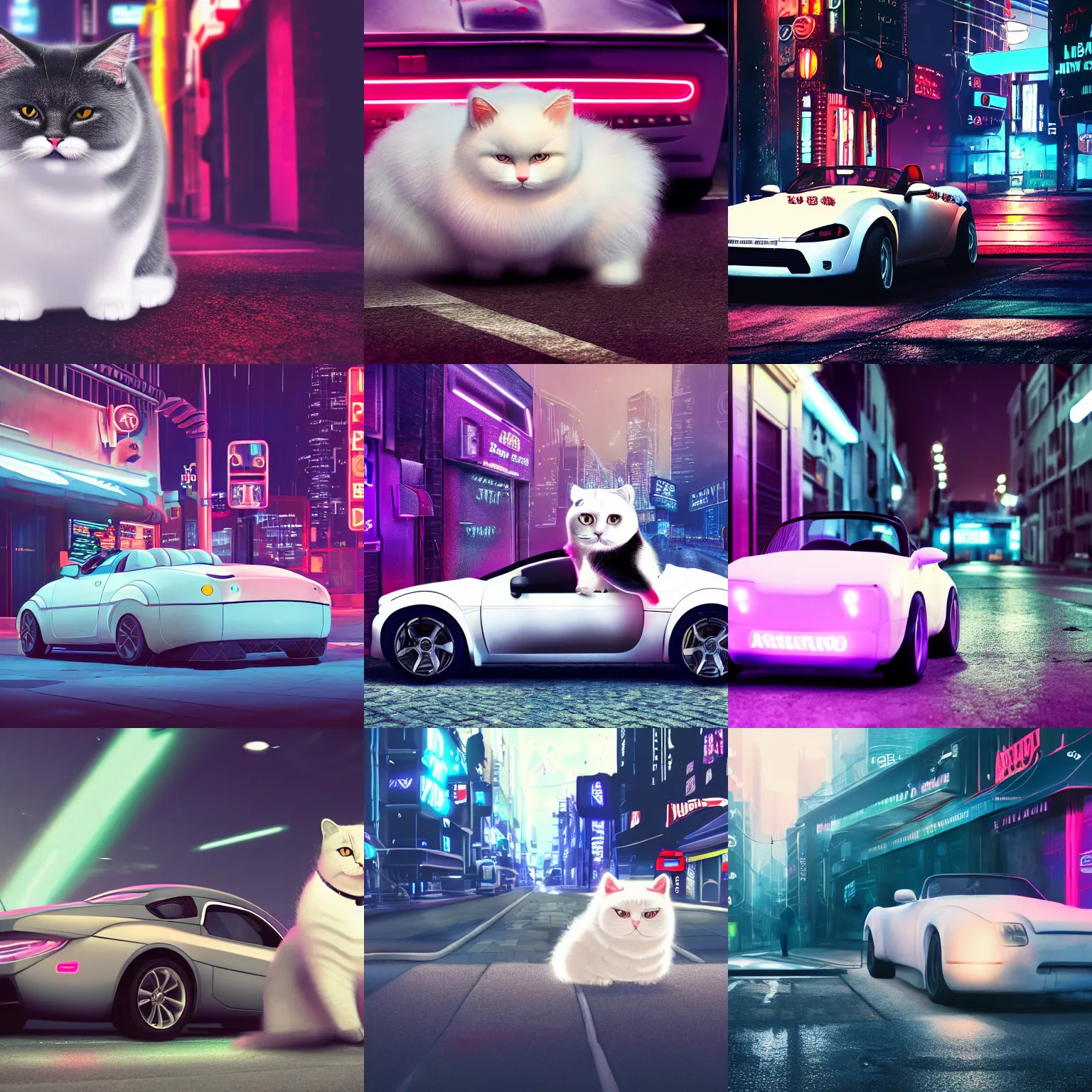 Prompt: a fluffy roadster covered with white fur and looked like a British Shorthair cat, parking in the street, Cyberpunk, neon light, front view, digital art, 4k, hd, highly detailed
