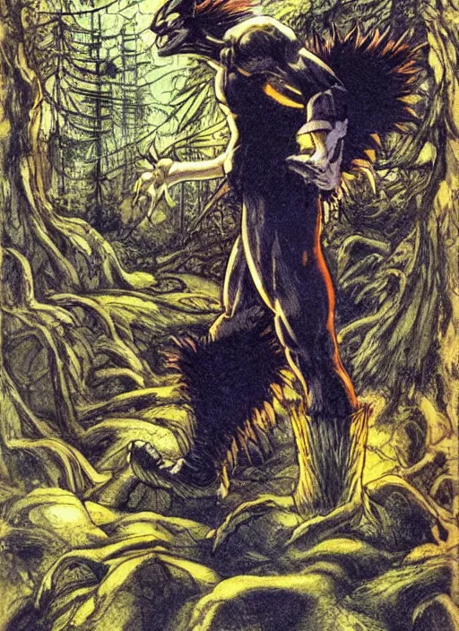 Image similar to sonic as wolverine in a forest by gerald brom by mikhail vrubel