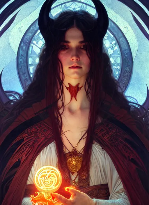 Prompt: a beautiful satanic sorcerer holding a small dragon, perfect hands, intricate, sharp focus, illustration, highly detailed, digital painting, concept art, matte, art by wlop and artgerm and greg rutkowski and alphonse mucha, masterpiece